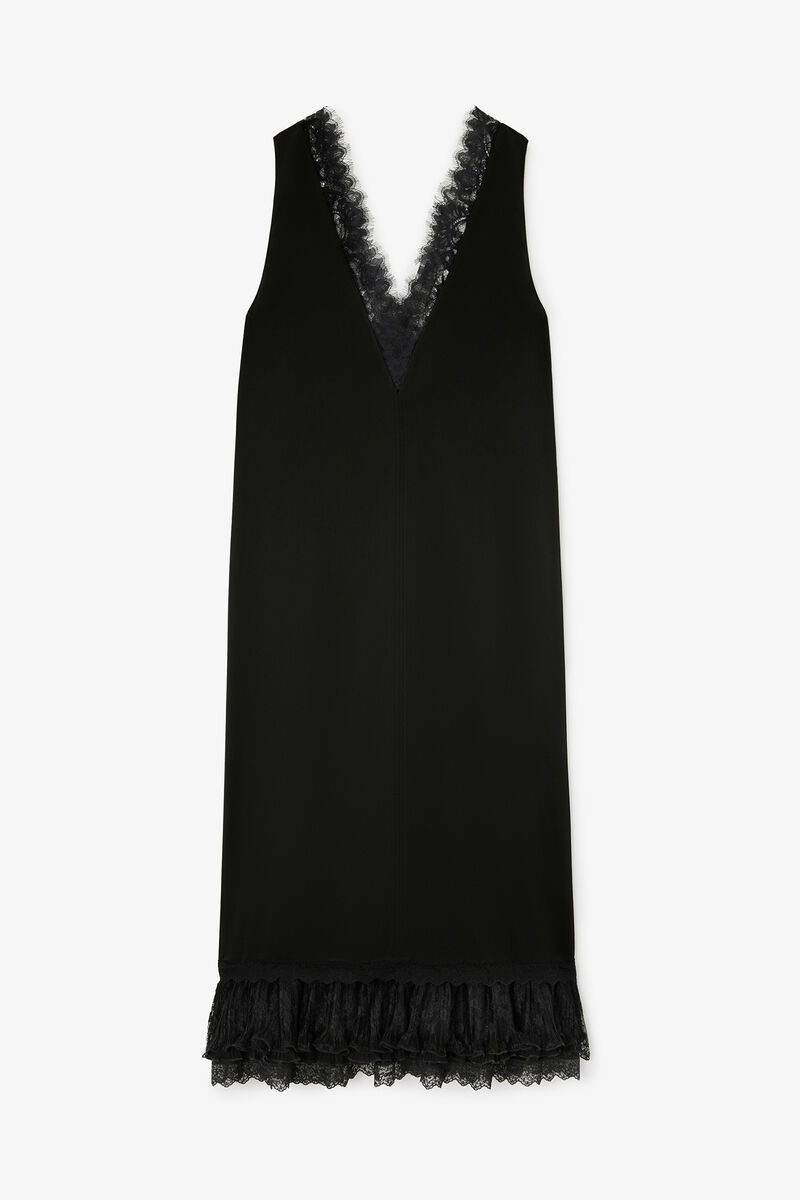 Robe longue en satin et dentelle, Acetate, in colour Black - 1 - GANNI