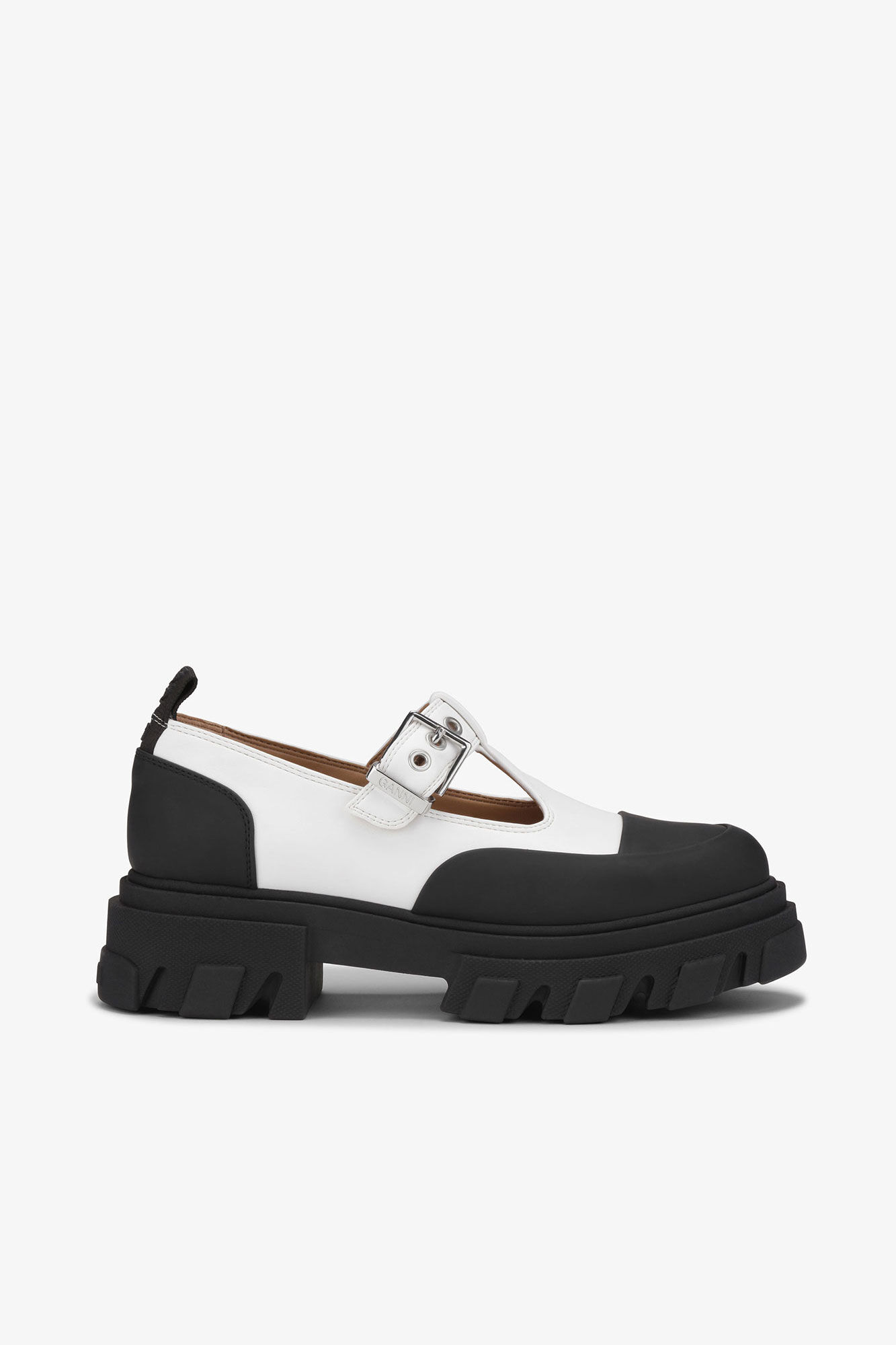 White Cleated Mary Jane Shoes, Recycled Leather, in colour Egret - 1 - GANNI