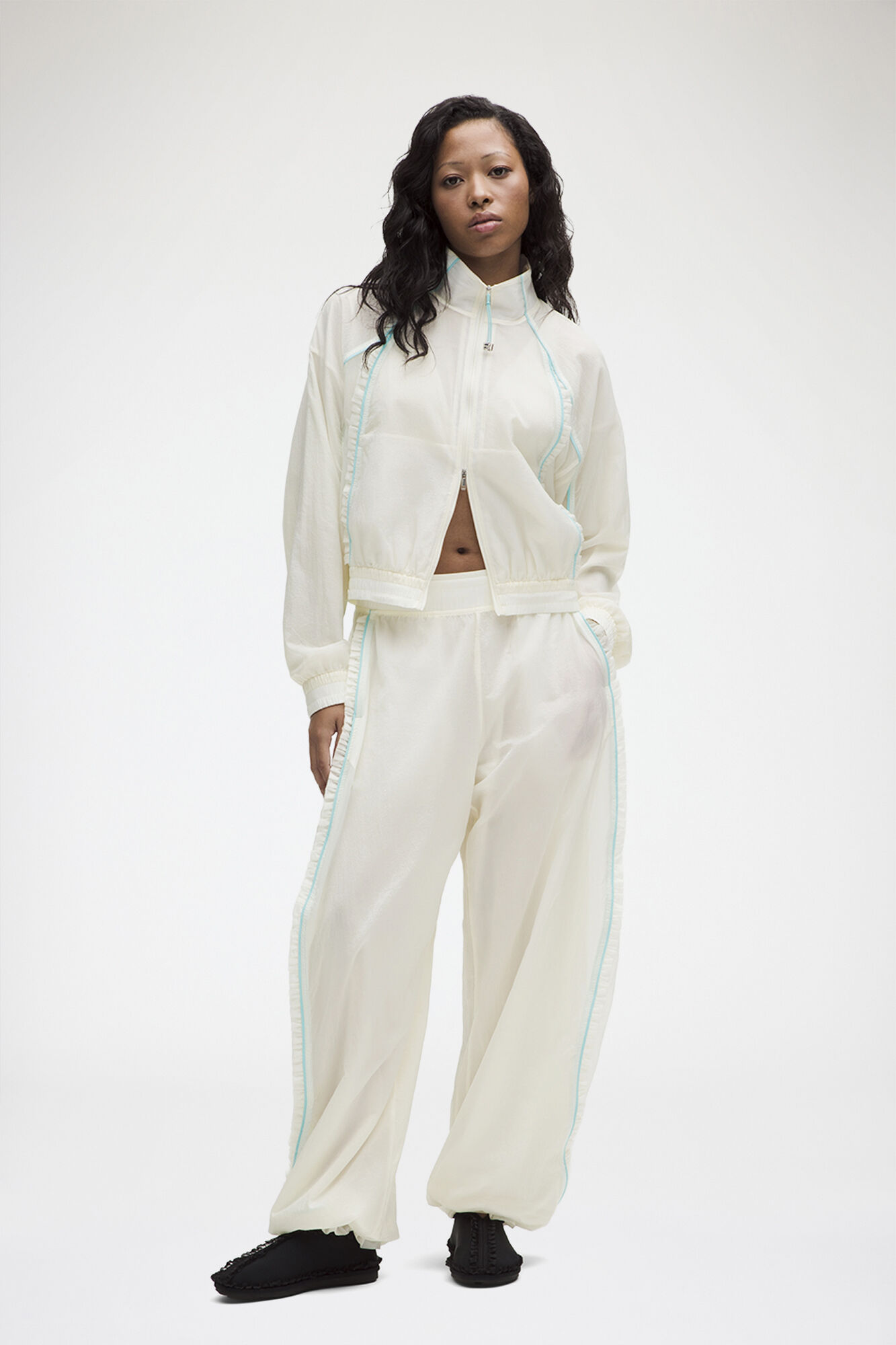 Ruffle-Trim Textured Jacket, Recycled Polyamide, in colour Coconut Ivory - 2 - GANNI