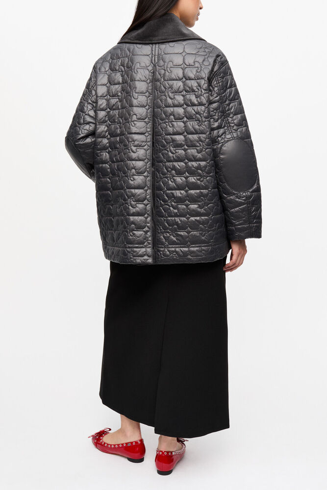 Black Shiny Quilt Midi Jacket, Phantom
