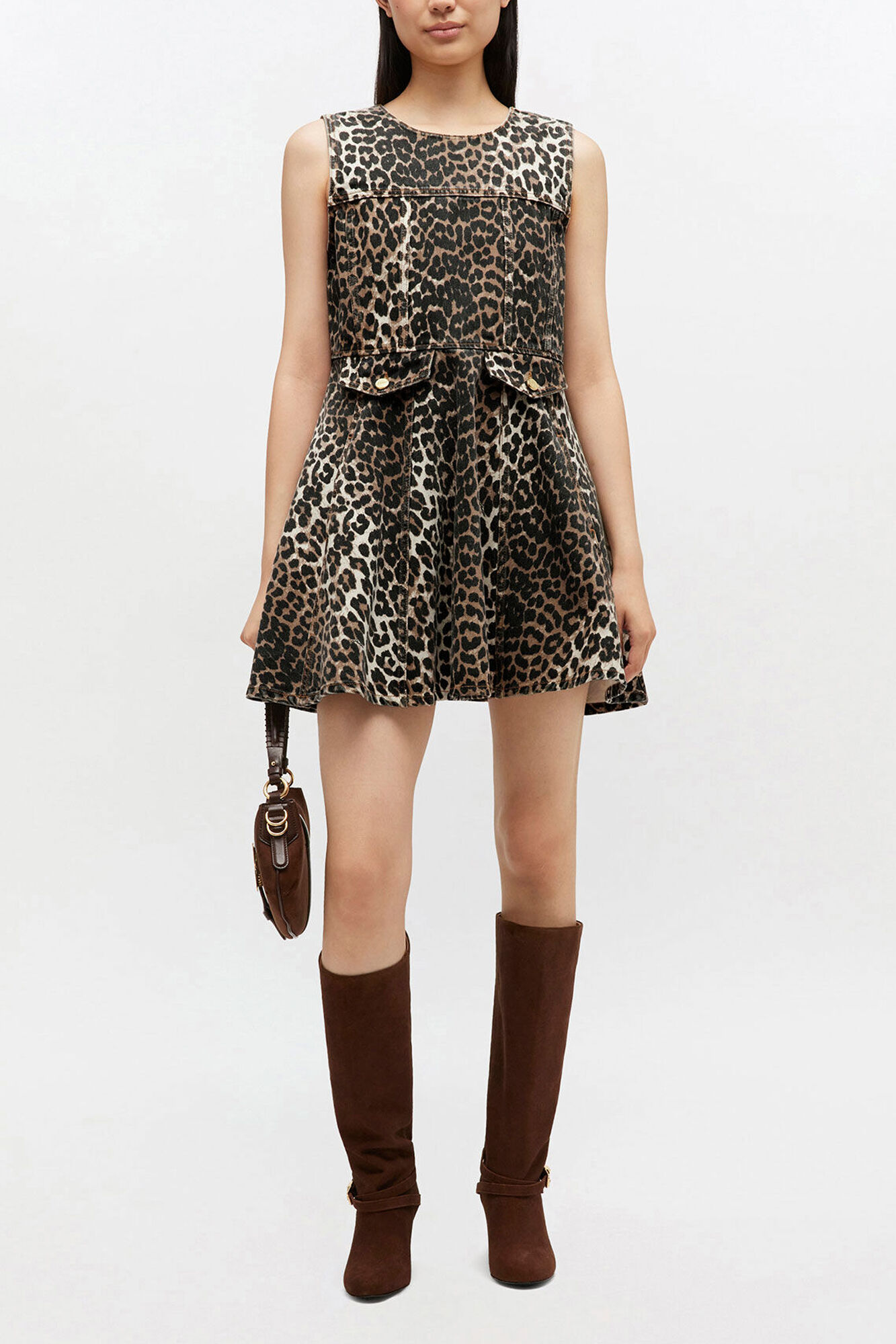 Leopard Denim Mini Dress, Organic Cotton, in colour Almond Milk - 1 - GANNI