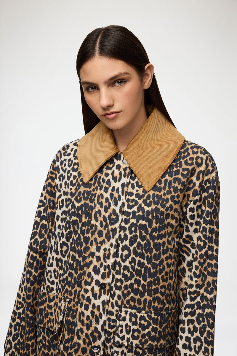 Jacket in Leopard Canvas, Organic Cotton, in colour Almond Milk - 3 - GANNI