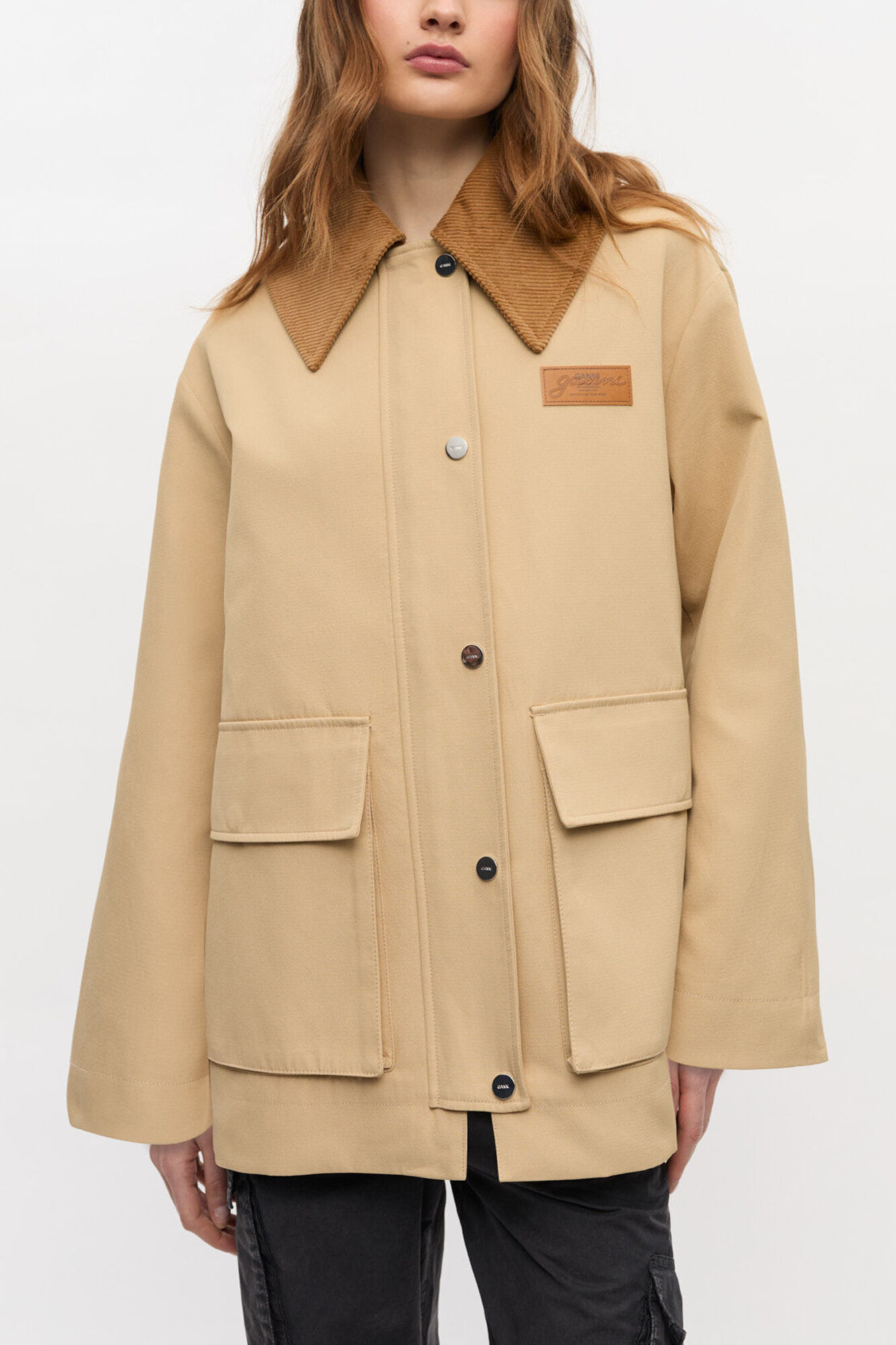 Camel Twill Midi Jacket, Recycled Polyester, in colour Pale Khaki - 1 - GANNI
