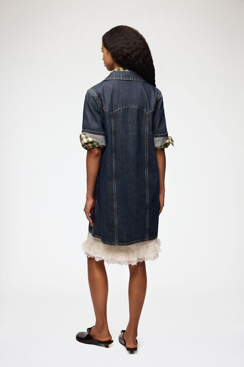 Mini Dress in Textured Slub Denim, Recycled Cotton, in colour Dark Blue Vintage - 3 - GANNI