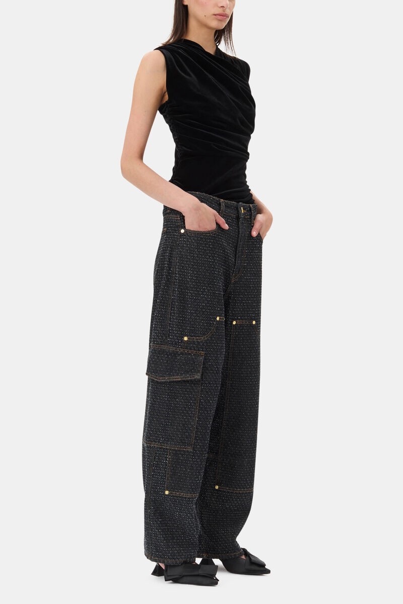 Black Velvet Ruched Top, Recycled Polyester, in colour Black - 3 - GANNI