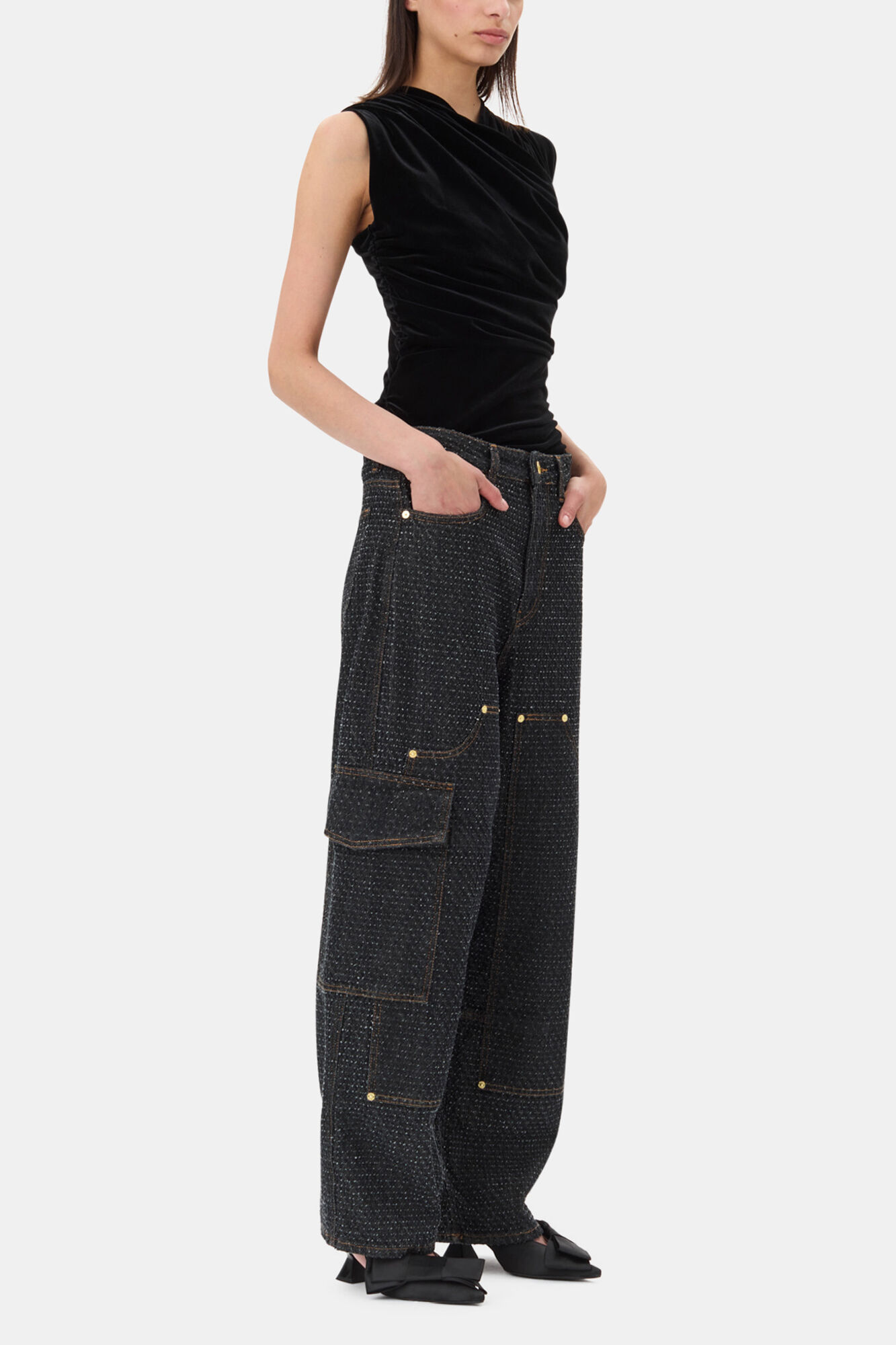 Black Velvet Ruched Top, Recycled Polyester, in colour Black - 3 - GANNI