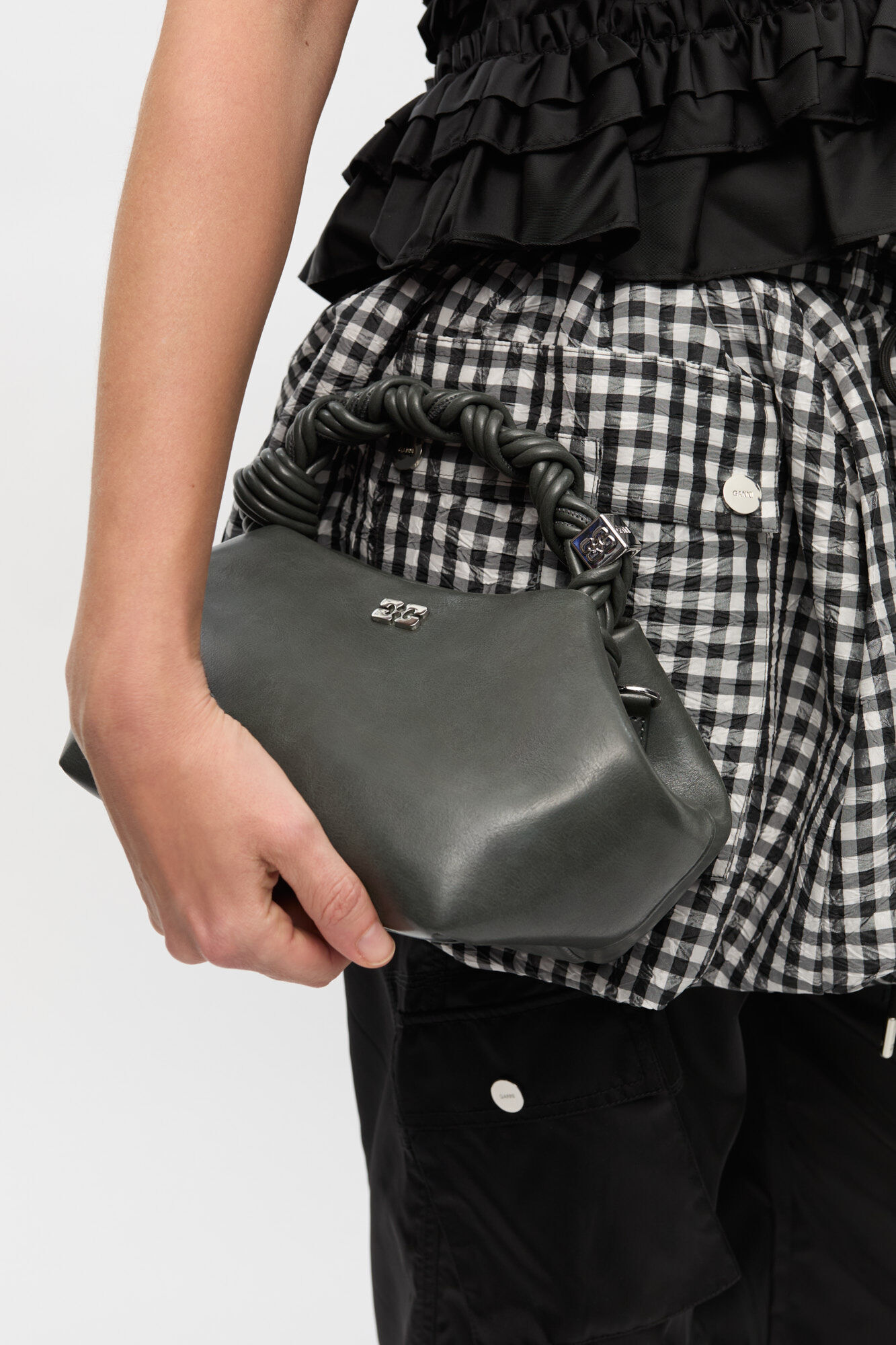 Small Bou Bag in Dark Grey , Recycled Leather, in colour Steal Grey - 2 - GANNI