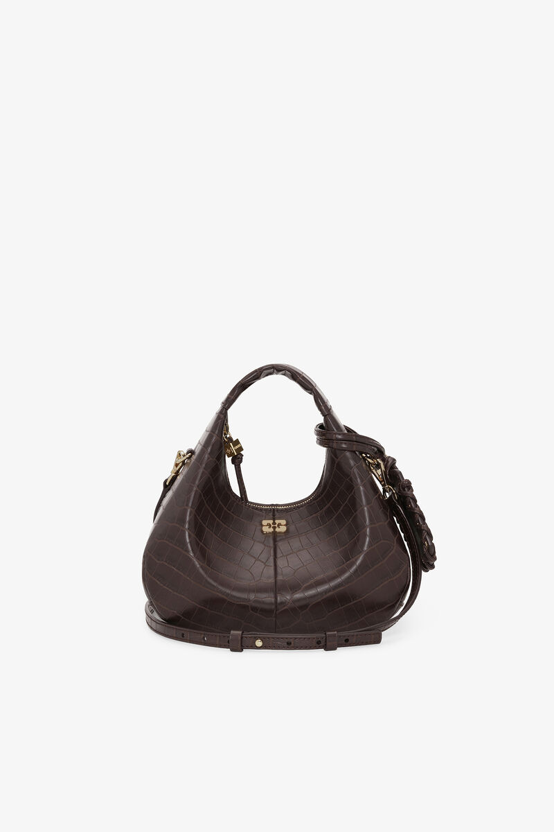 Mini Hobo Bag in Brown Croco, Recycled Leather, in colour Chocolate Fondant - 1 - GANNI