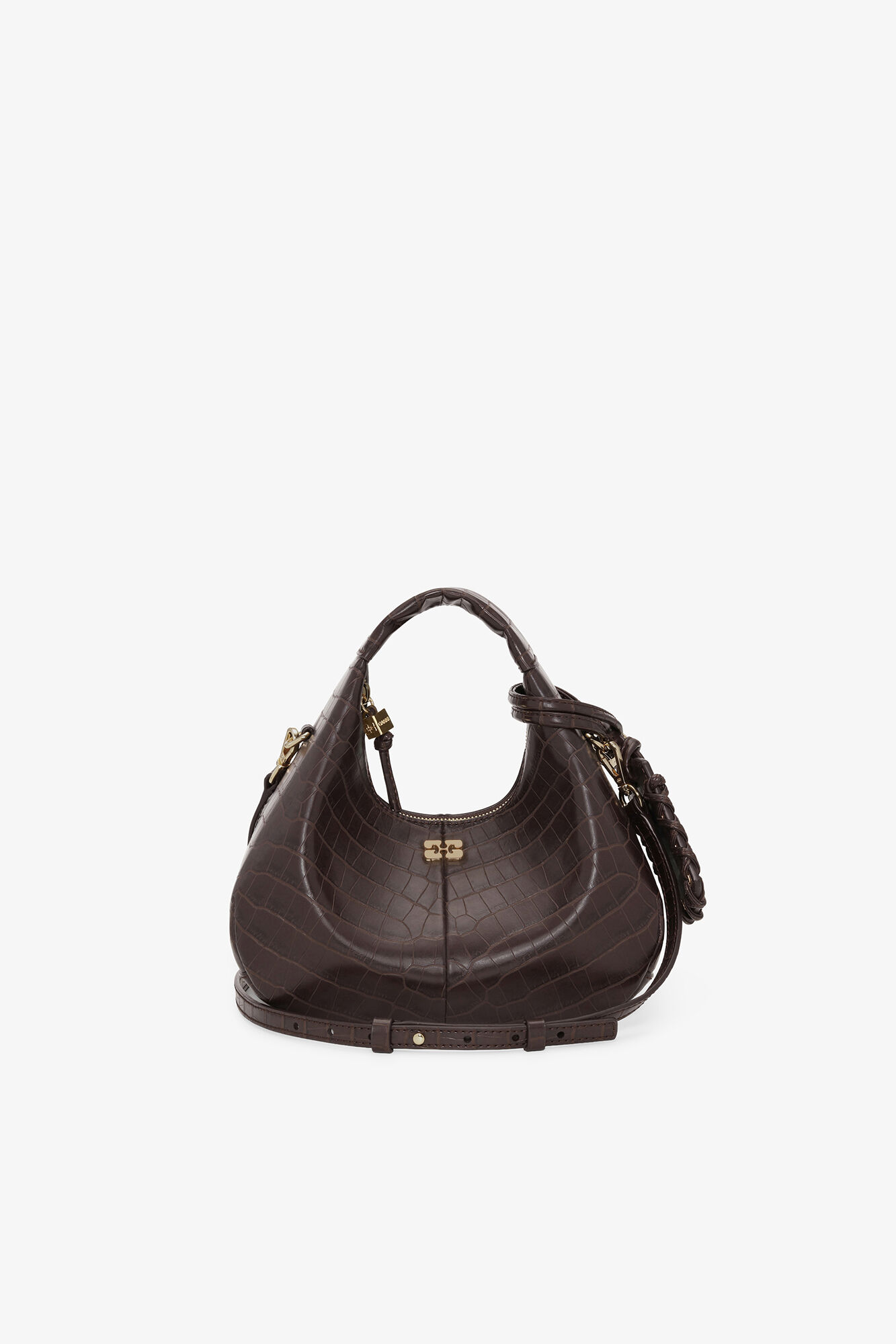 Mini Hobo Bag in Brown Croco, Recycled Leather, in colour Chocolate Fondant - 1 - GANNI