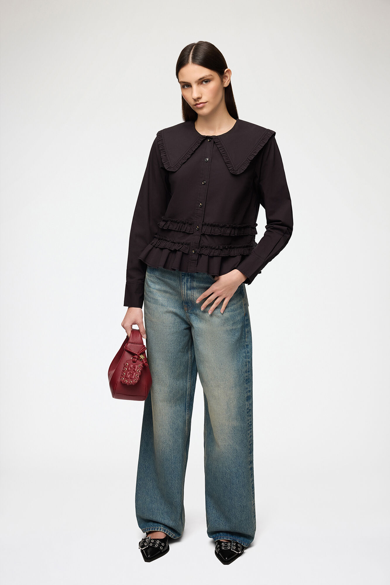 Rüschenhemd aus Stretch-Baumwolle, Organic Cotton, in colour Black - 2 - GANNI