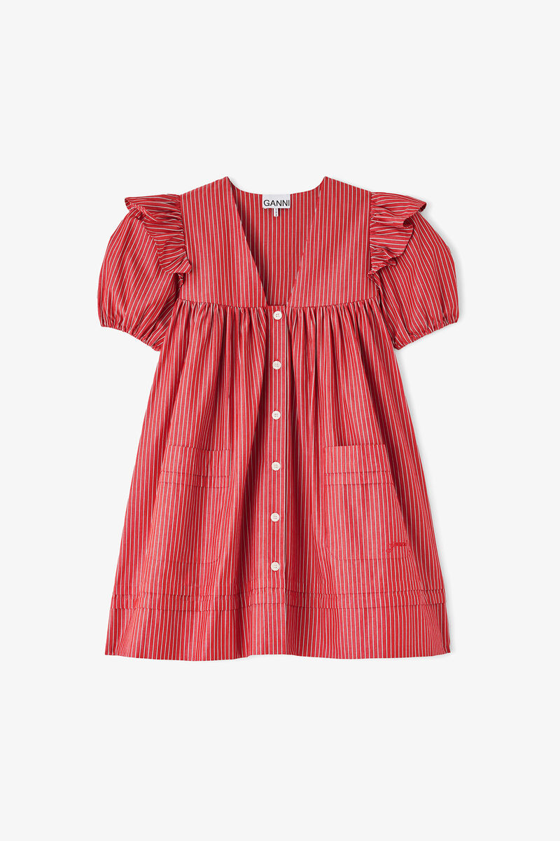 Minikleid aus gestreifter Baumwolle, Organic Cotton, in colour High Risk Red - 1 - GANNI