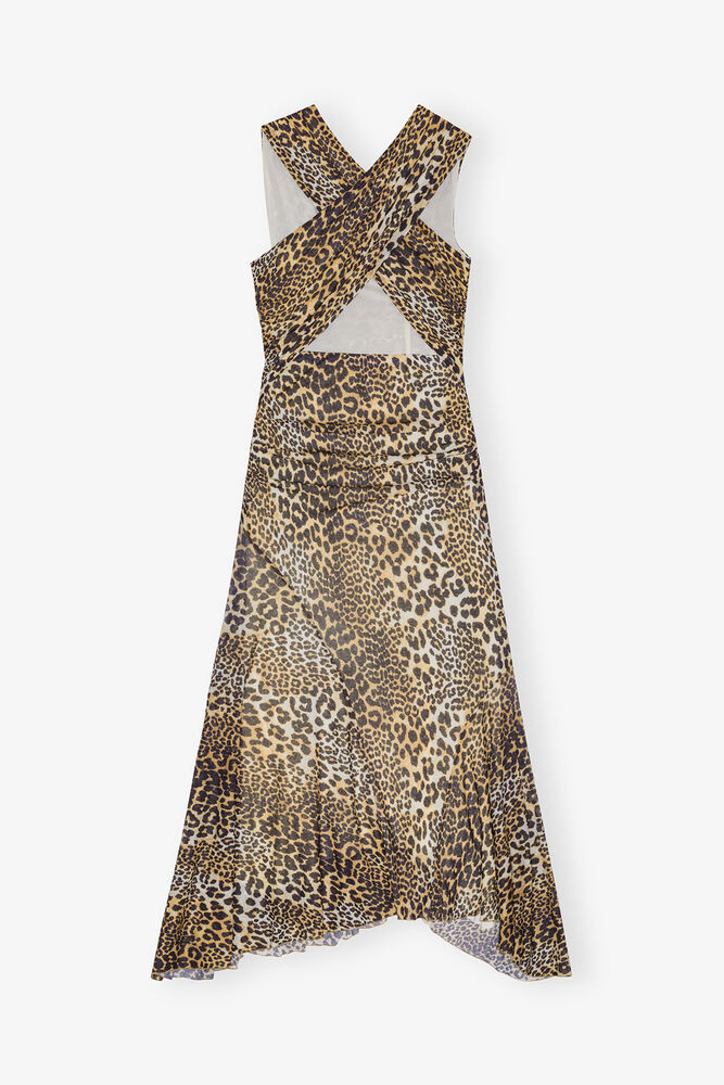 Leopard Marl Mesh Long Ruched Crossover Dress, Leopard