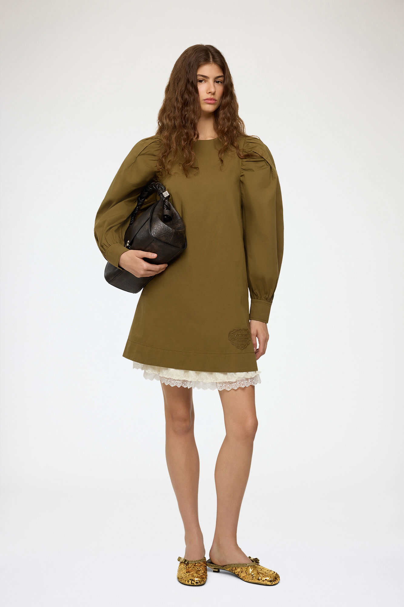 Dress in Green Cotton, Organic Cotton, in colour Military Olive - 1 - GANNI