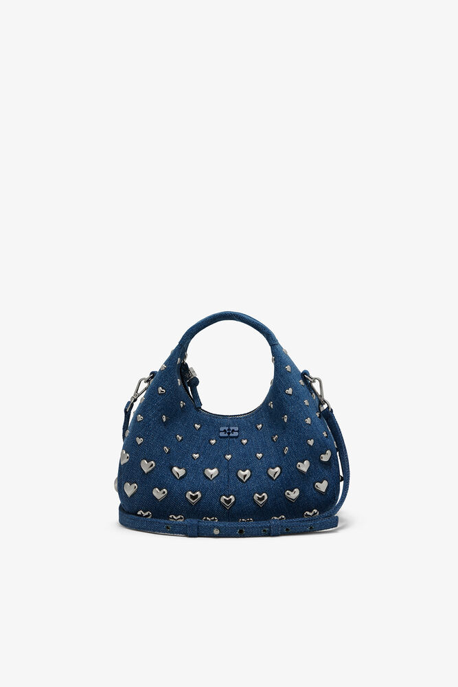 Mini Hobo Bag with Heart Studs in Denim, Navy Peony