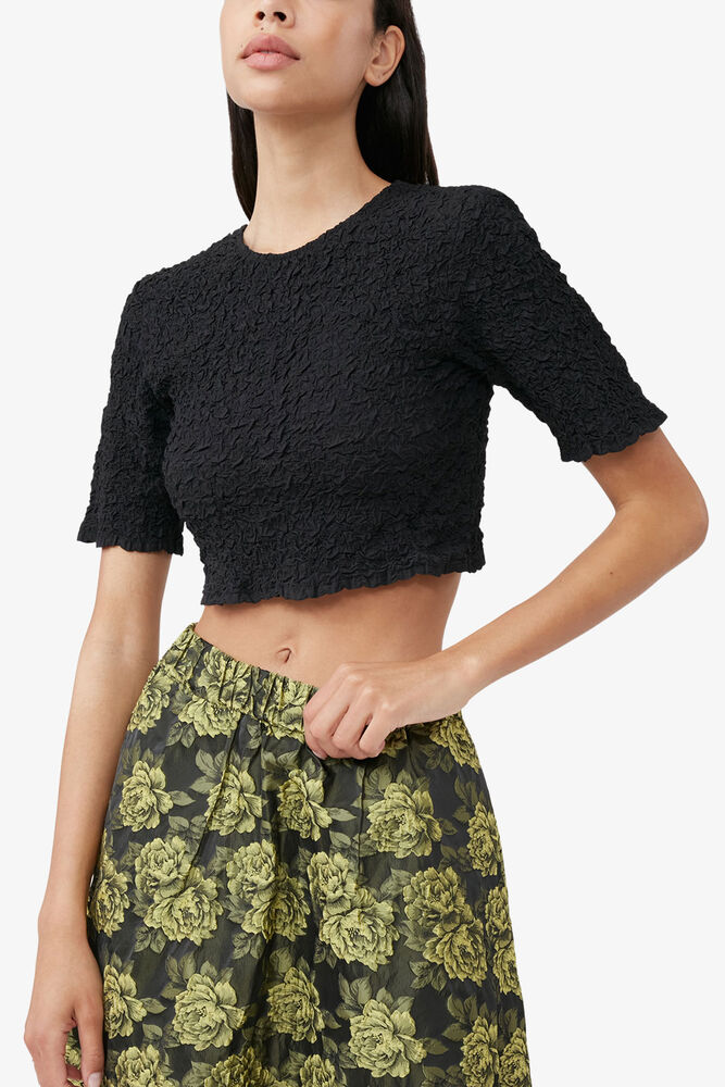 Black Cotton Poplin O-neck Cropped Smock Top, Black
