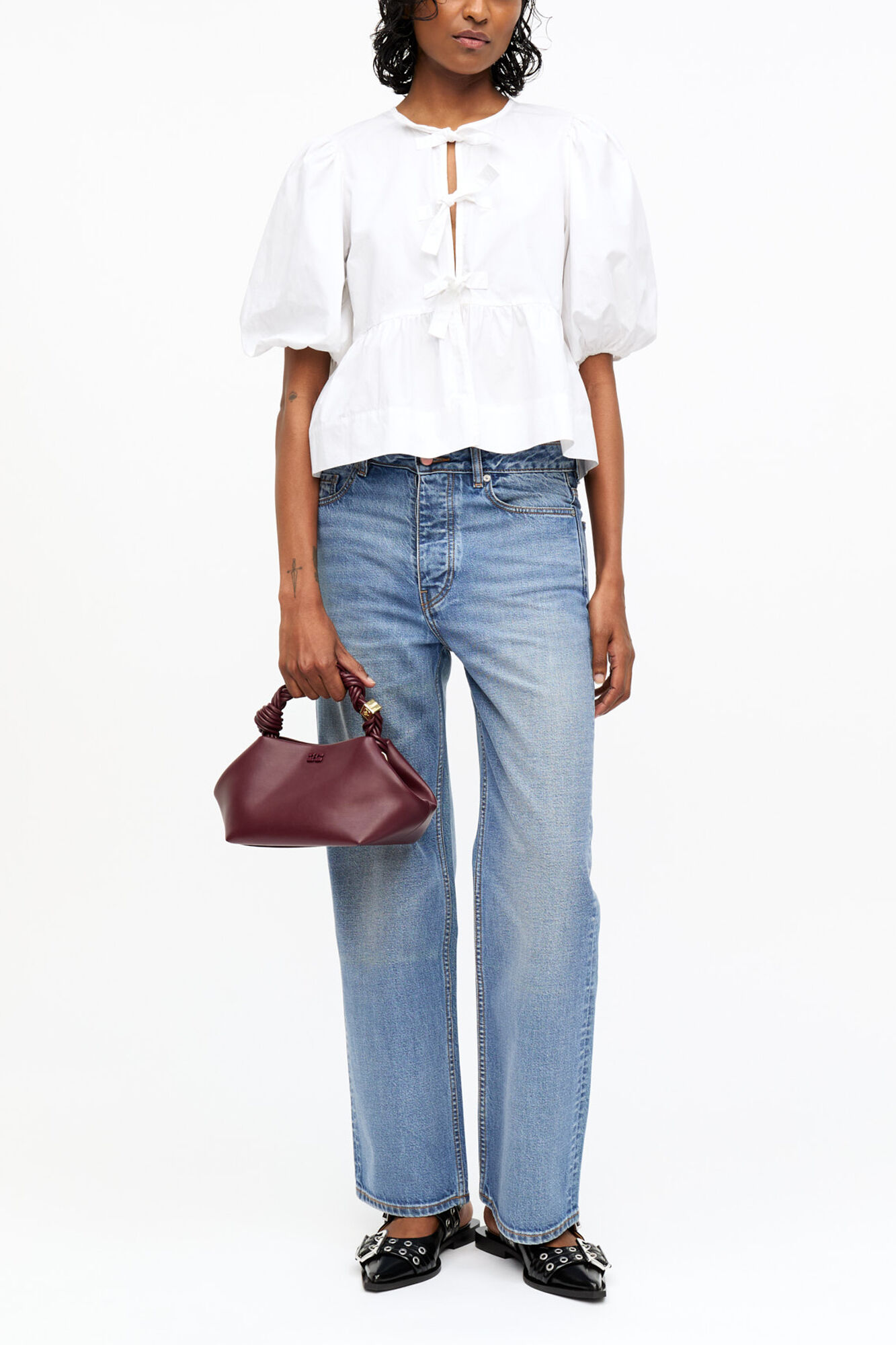 Cotton Poplin Peplum Tie Blouse, Organic Cotton, in colour Bright White - 2 - GANNI