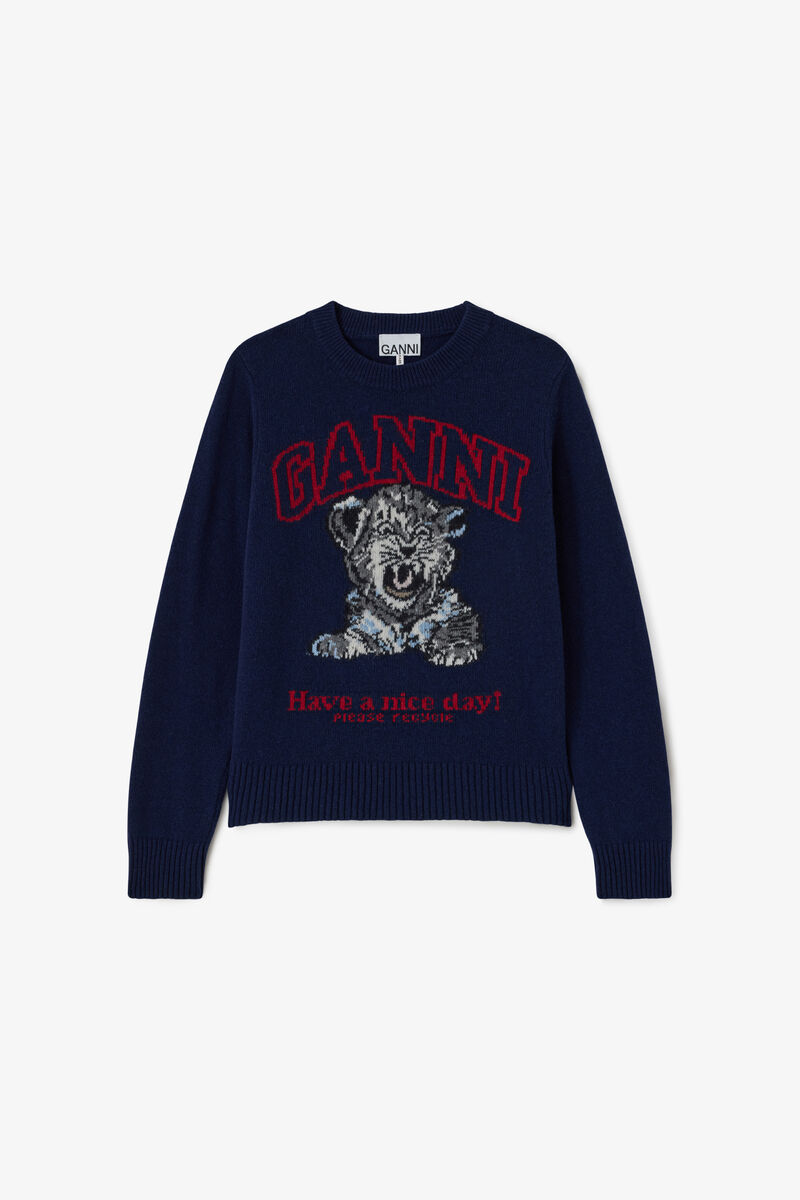 Jumper with Tiger, Recycled Wool, in colour Sky Captain - 1 - GANNI
