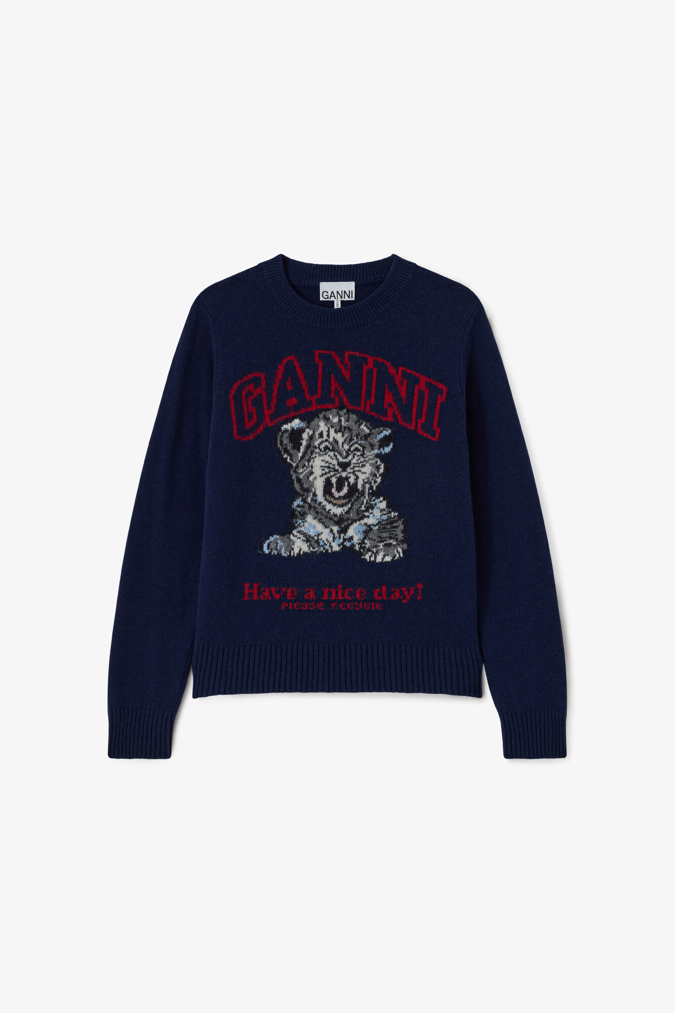 Jumper with Tiger, Recycled Wool, in colour Sky Captain - 1 - GANNI