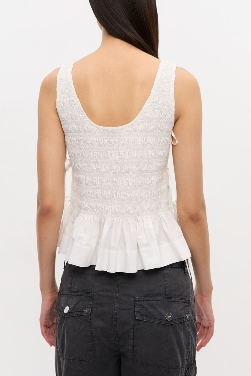 Weißes, gesmocktes Oberteil aus Baumwolle zum Binden, Organic Cotton, in colour Bright White - 3 - GANNI
