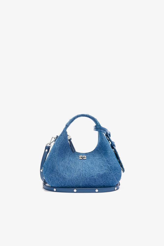 Mini Hobo Bag with Studs in Denim, Mid Blue Vintage