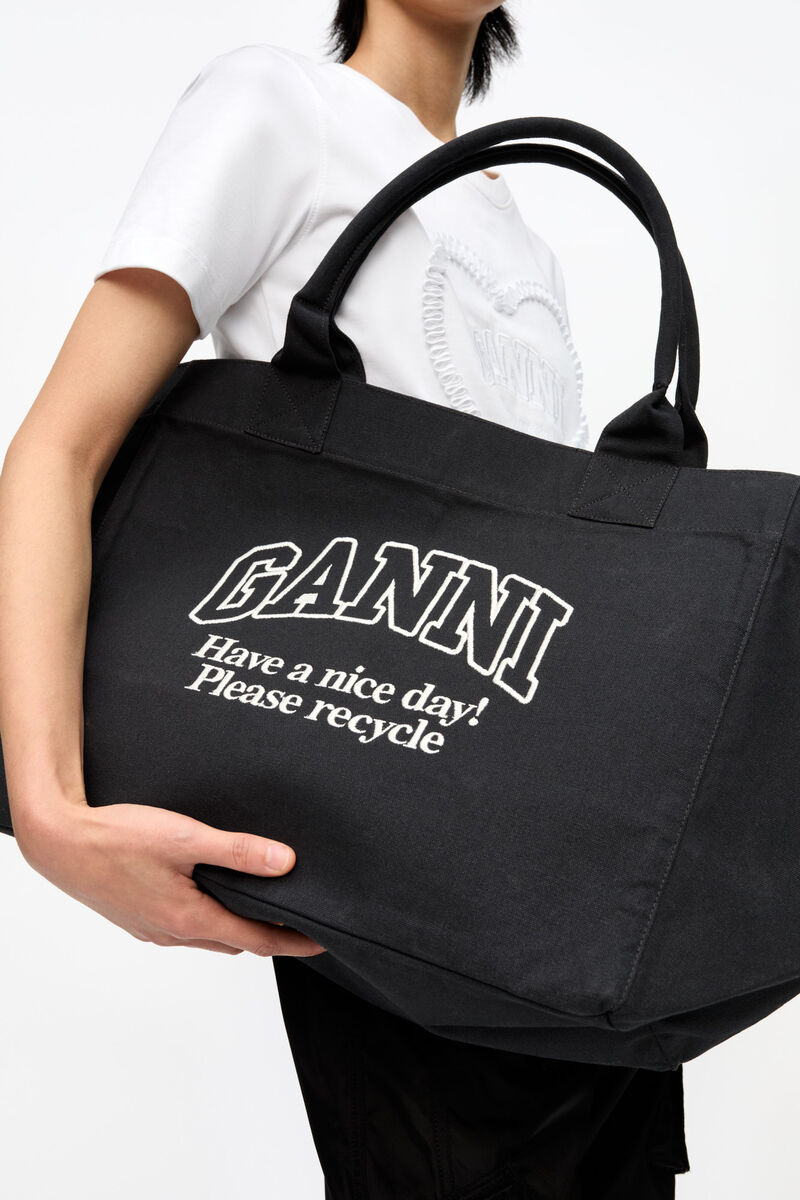 Tote XXL in Black, Recycled Cotton, in colour Phantom - 2 - GANNI