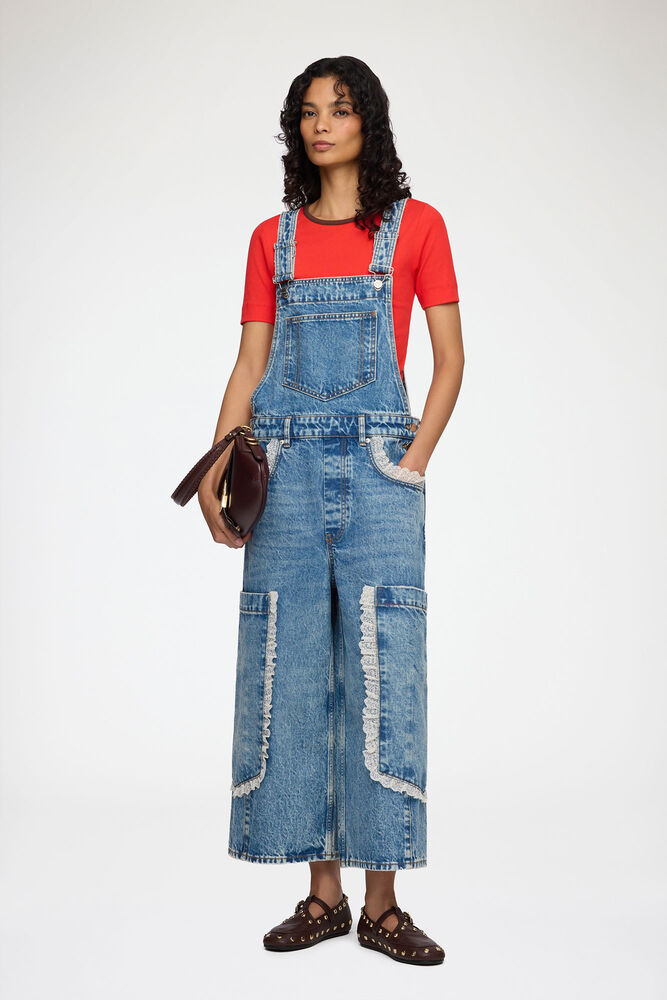 Overalls Cropped Lace in Rigid Denim, Dark Blue Vintage