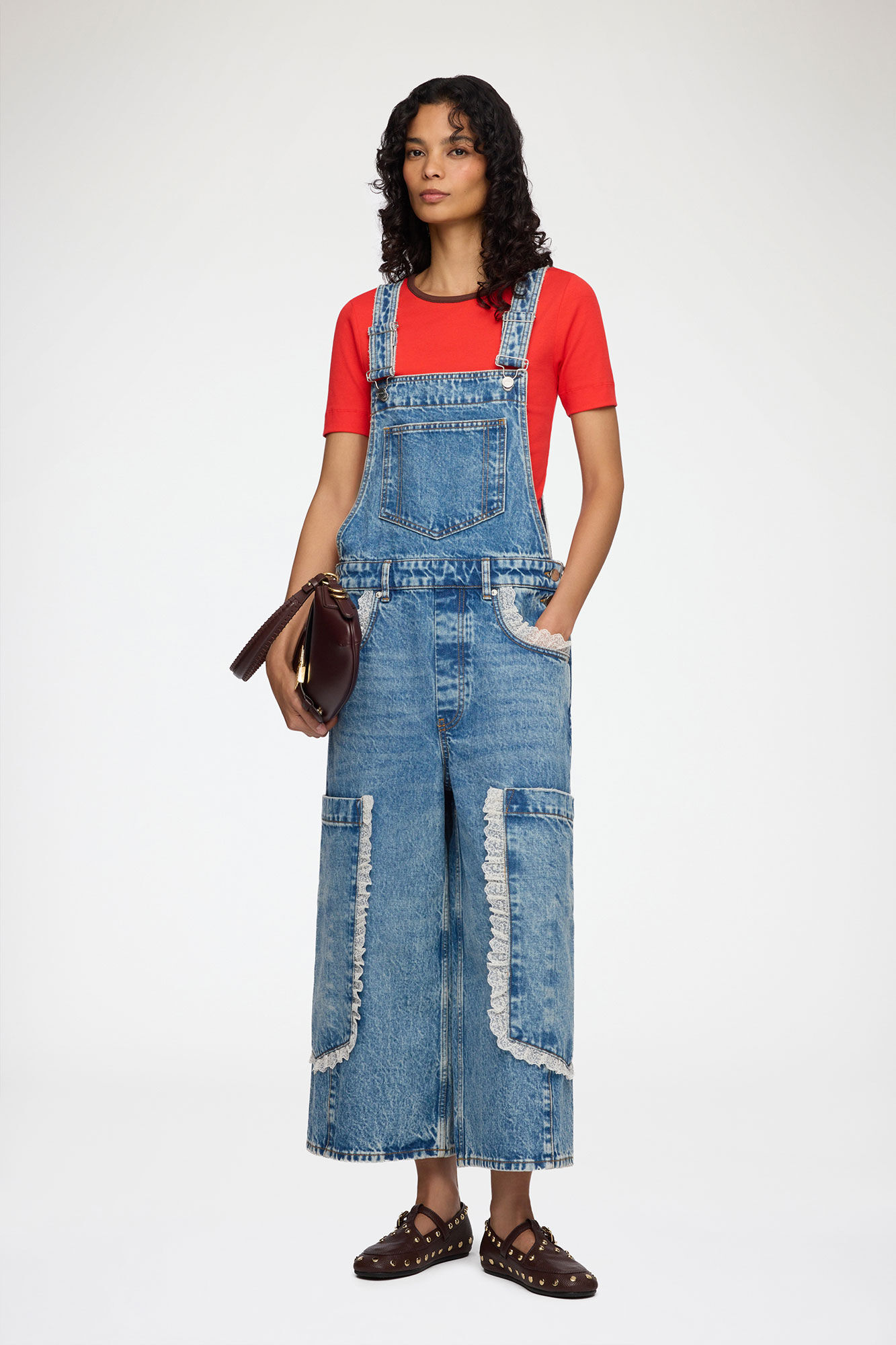 Overalls Cropped Lace in Rigid Denim, Organic Cotton, in colour Dark Blue Vintage - 1 - GANNI
