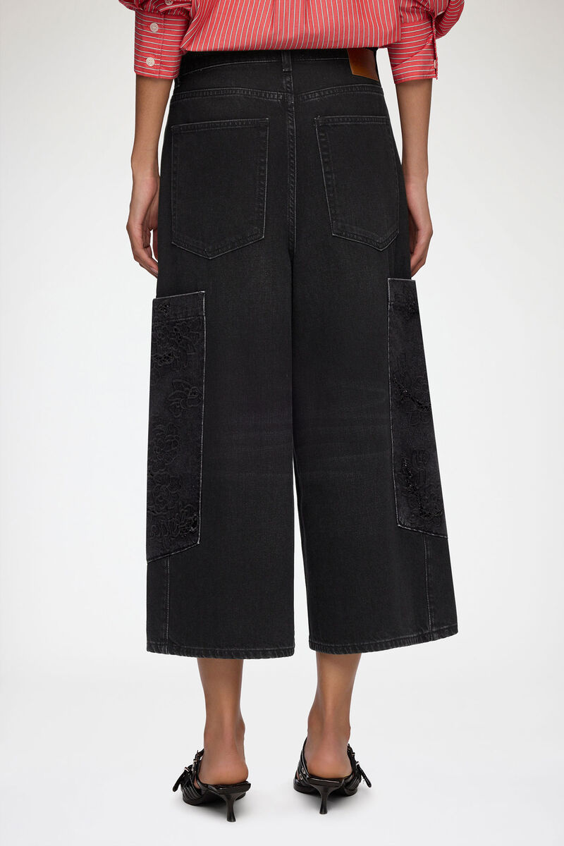 Cropped cargo jeans i sort denim, Organic Cotton, in colour Black Washed - 3 - GANNI