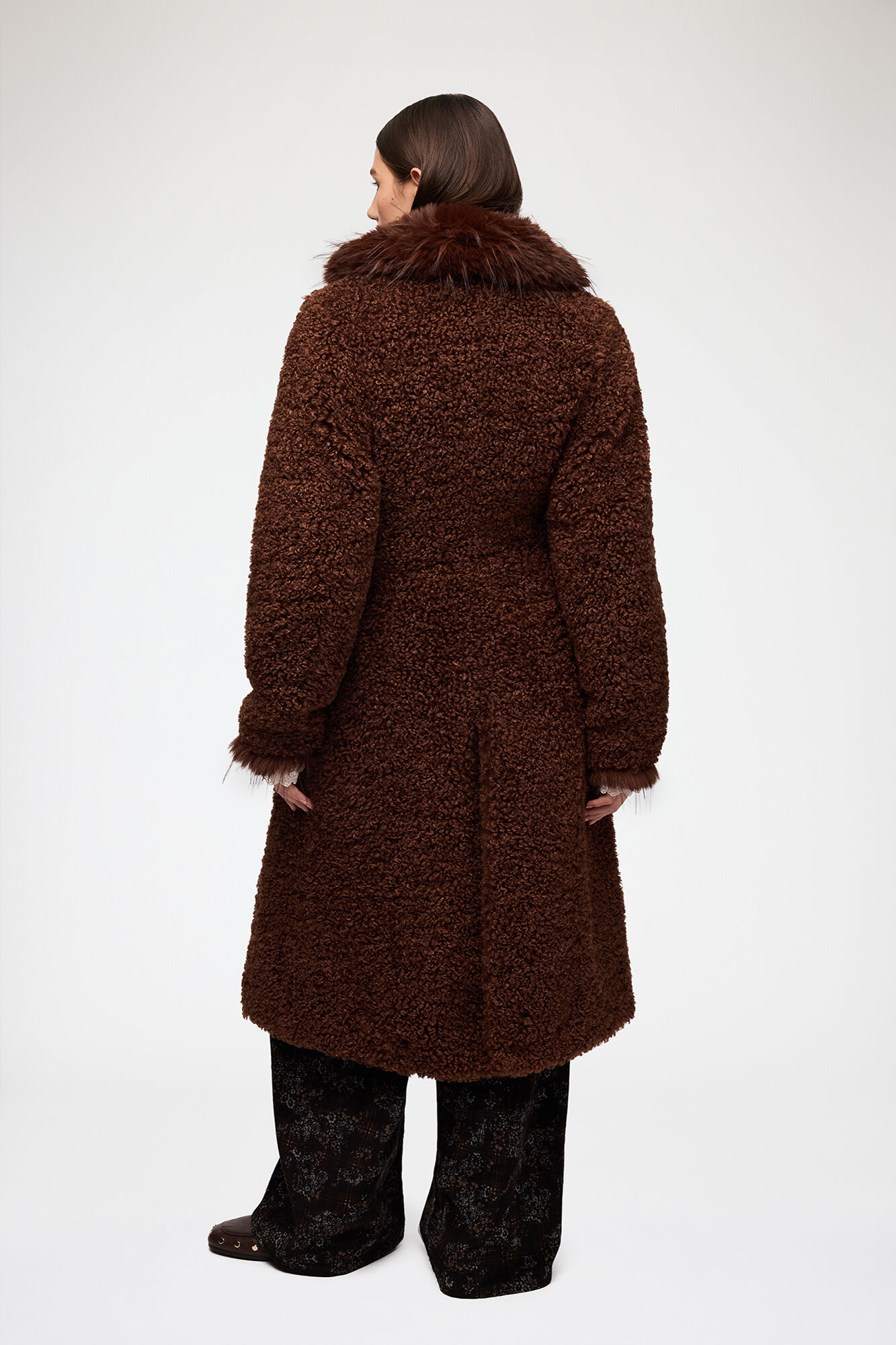 Coat in Alternative Shearling, Polyester, in colour Chocolate Brown - 3 - GANNI