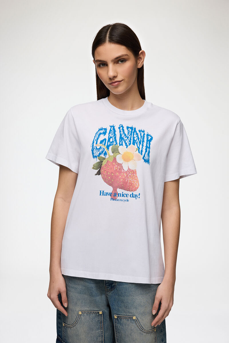 T-shirt with Strawberry, Organic Cotton, in colour Bright White - 1 - GANNI