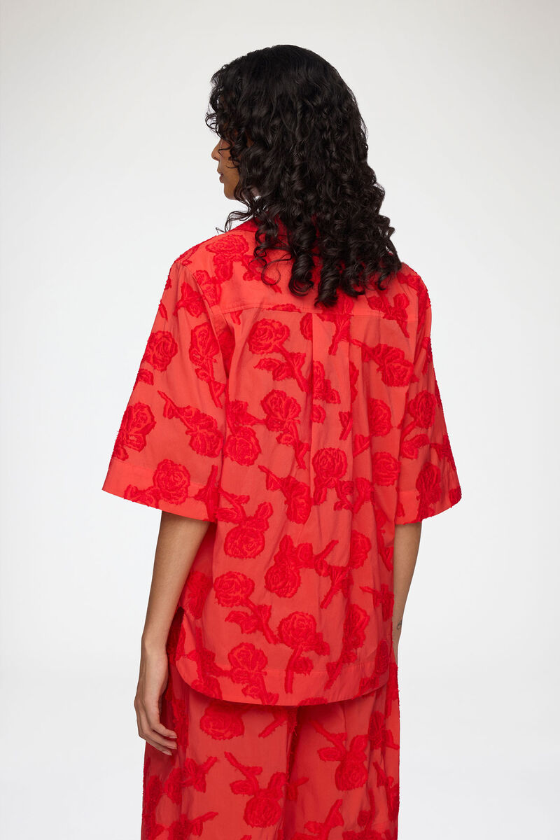 Shirt in Red Fil Coupe, Recycled Cotton, in colour Fiery Red - 3 - GANNI