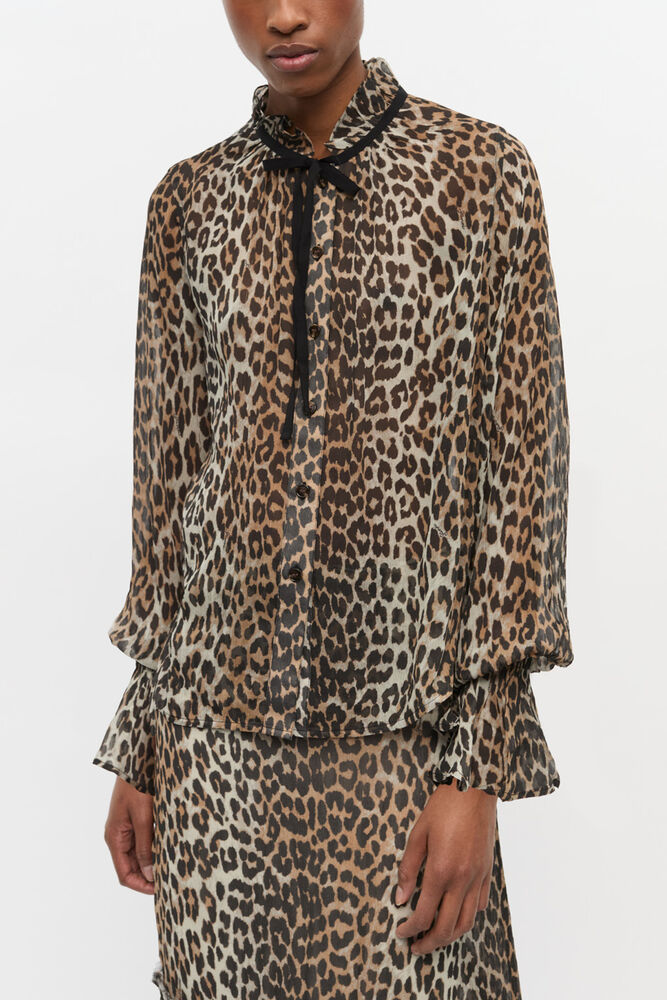 Leopard Print Chiffon Tie String Shirt, Leopard