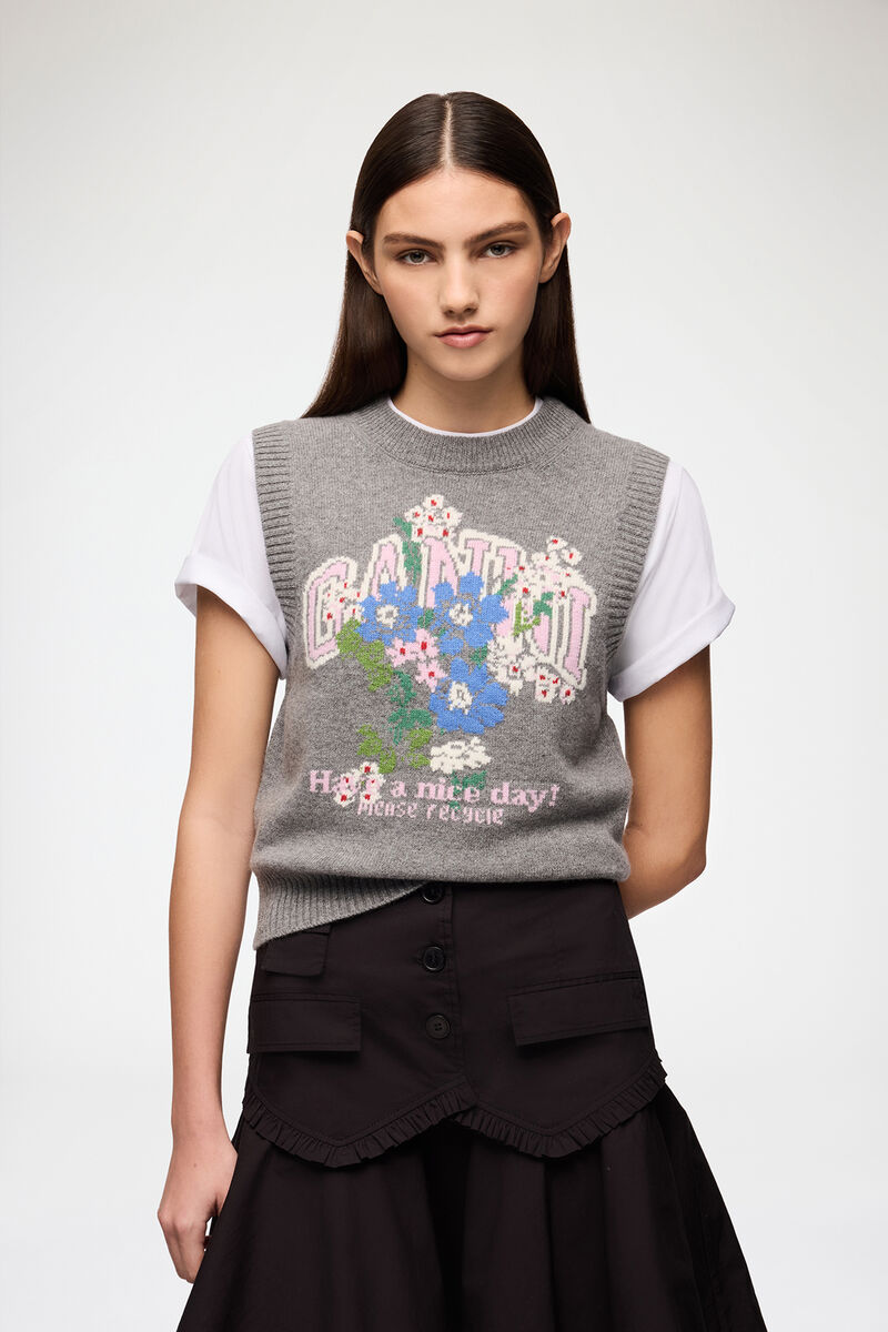 Strikvest med blomster, Wool, in colour Paloma - 1 - GANNI