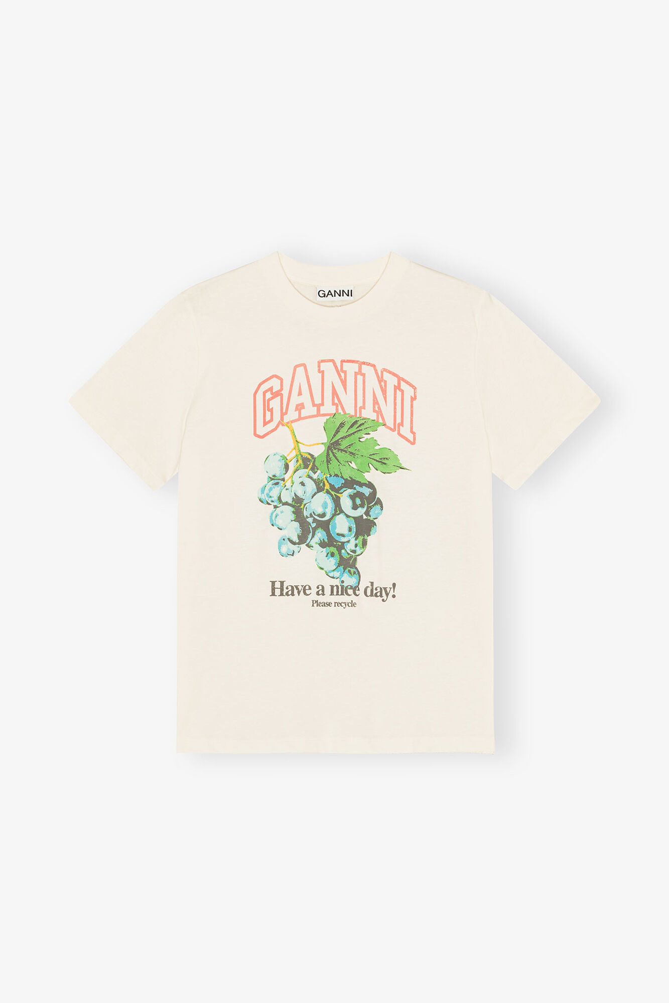 Ivory Grapes Print T-shirt, Organic Cotton, in colour Egret - 1 - GANNI