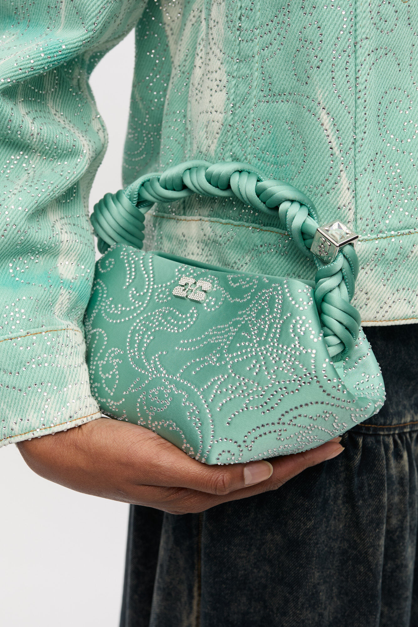 Mini Bou Bag in Green Rhinestone , Recycled Polyester, in colour Brook Green - 3 - GANNI