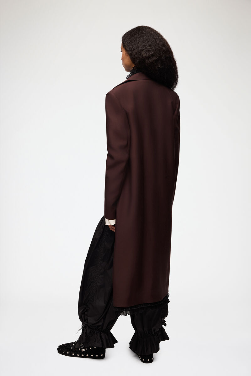 Long Blazer in Brown Wool, Viscose, in colour Chocolate Plum - 3 - GANNI