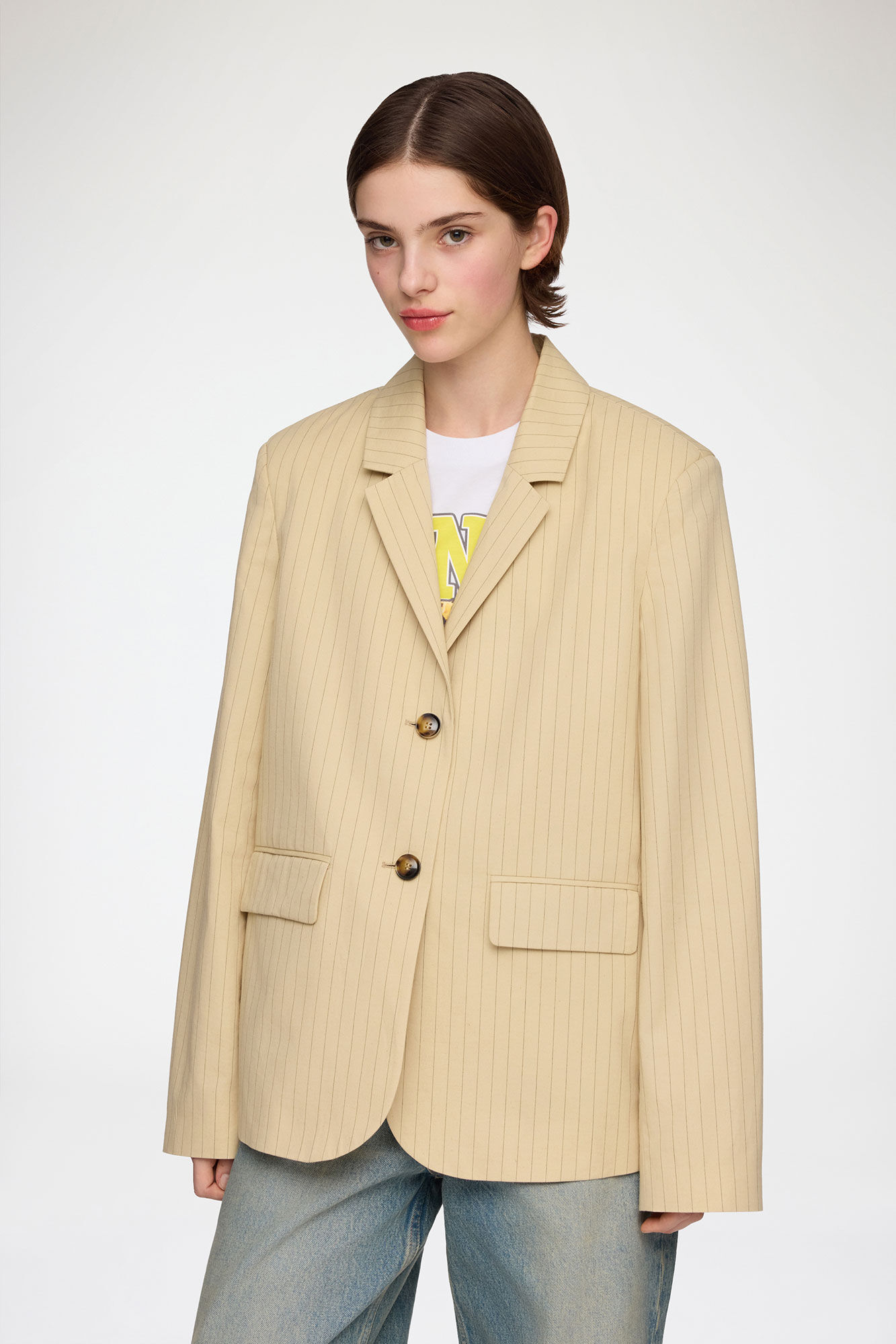 Blazer in Beige Suiting, Organic Cotton, in colour Summer Sand - 1 - GANNI