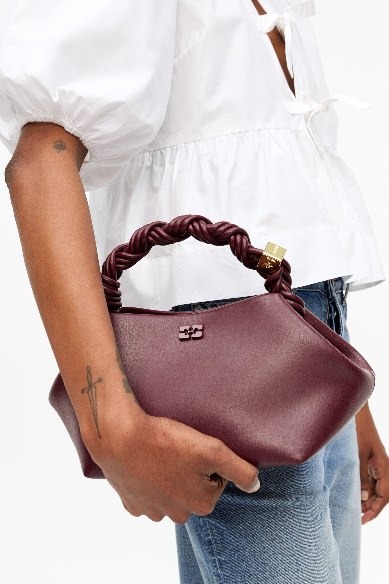 Small Bou Bag in Burgundy, Recycled Leather, in colour Burgundy - 3 - GANNI