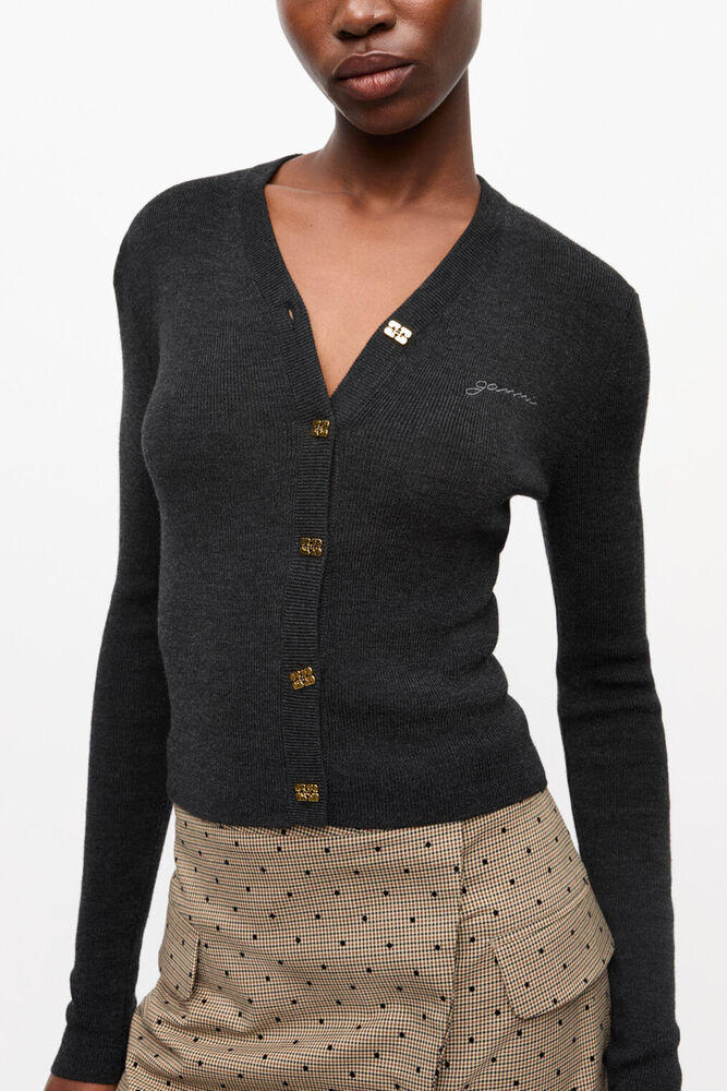 Black Mini Ribbed Merino Cardigan, Phantom
