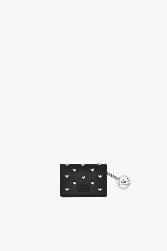 Bou Card Holder with Flap and Heart Studs in Black, Black