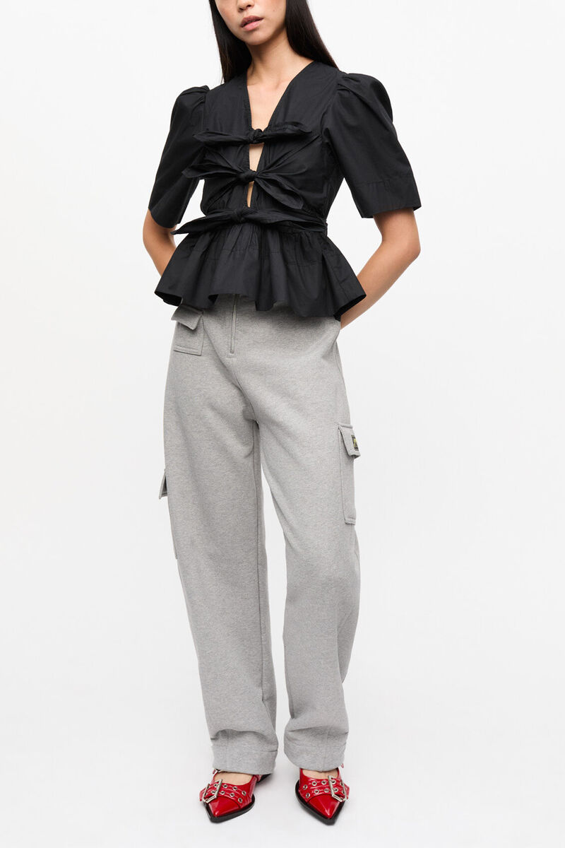 ブラック ストレッチコットン タイストラップ ブラウス, Organic Cotton, in colour Black - 3 - GANNI