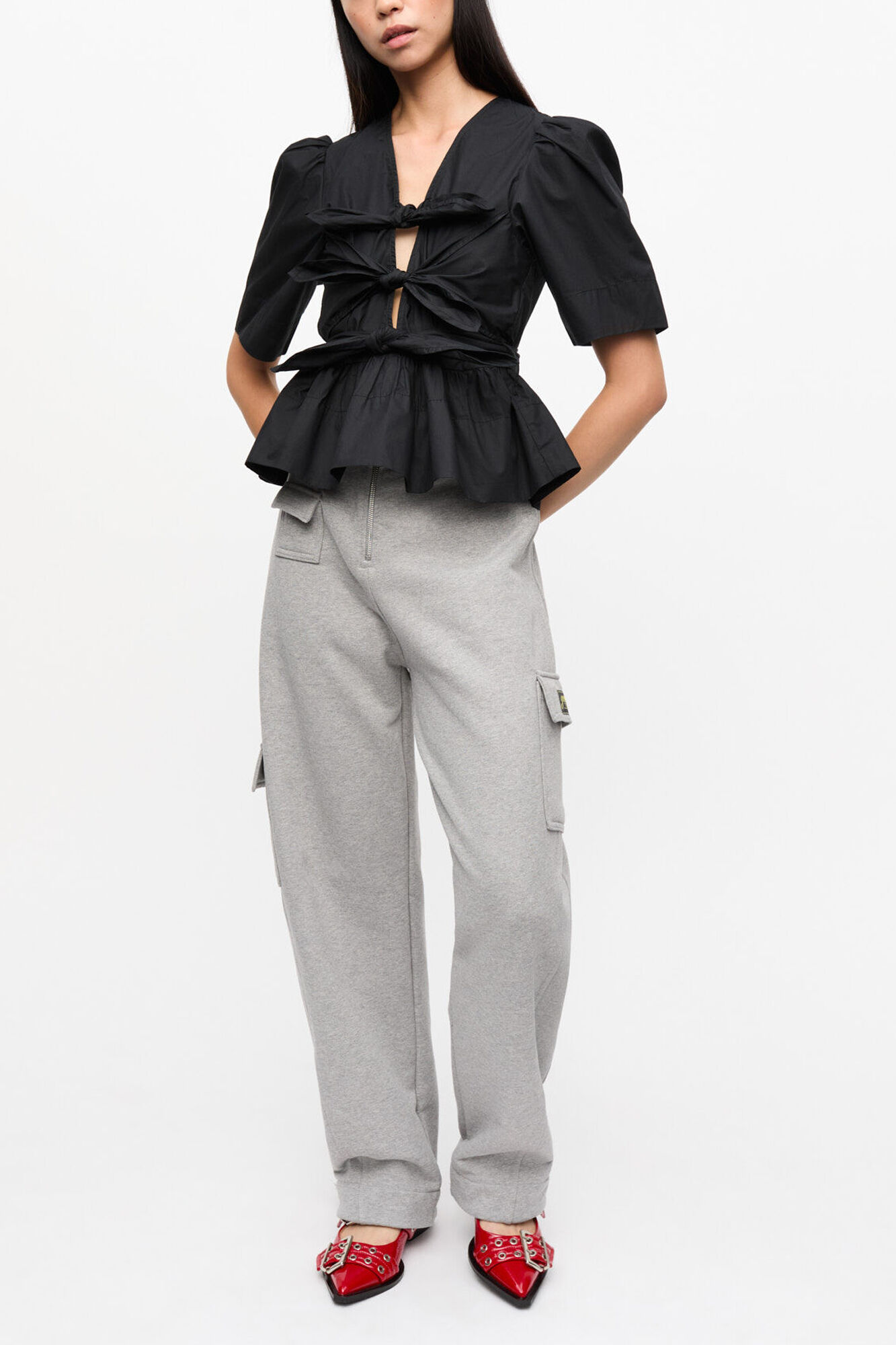 ブラック ストレッチコットン タイストラップ ブラウス, Organic Cotton, in colour Black - 3 - GANNI