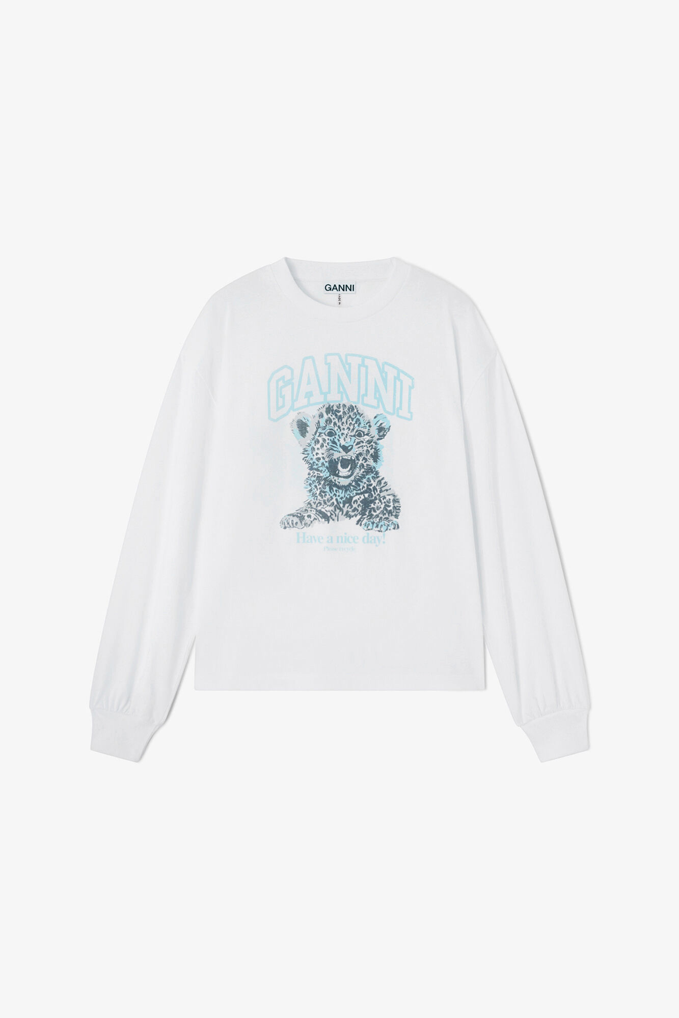 Long-sleeve T-Shirt with Blue Tiger, Organic Cotton, in colour Bright White - 1 - GANNI