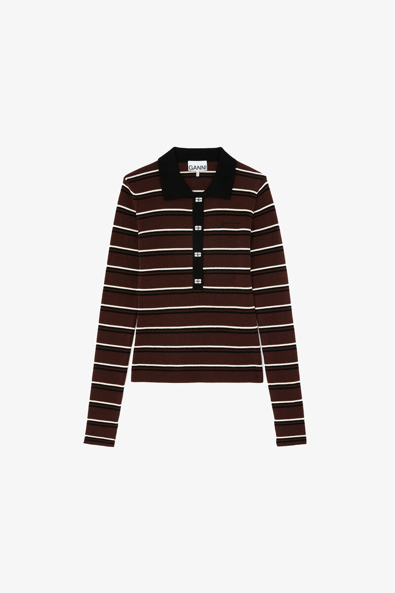 Polo Shirt in Striped Merino, Wool, in colour Multicolour - 1 - GANNI