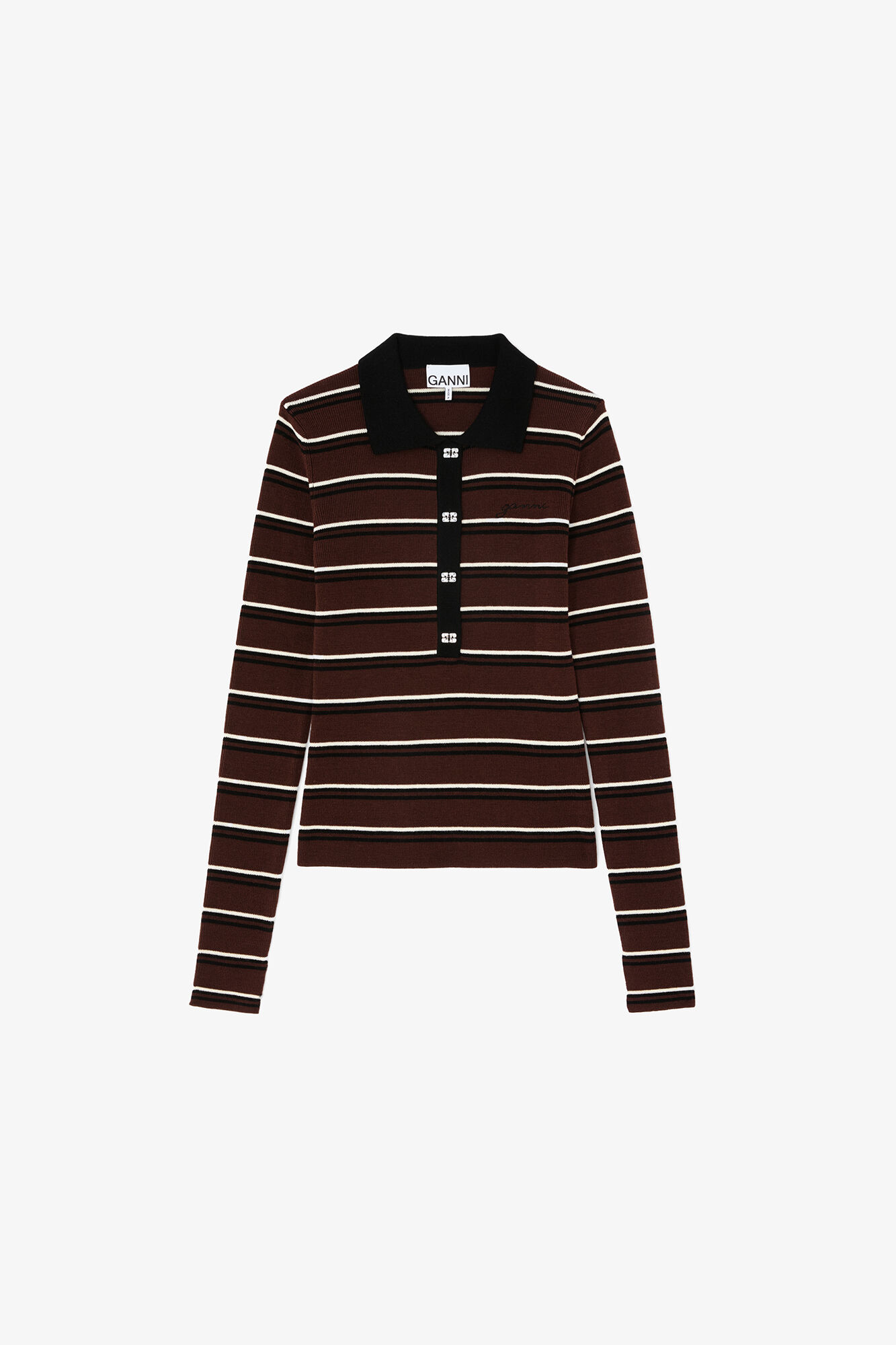 Polo Shirt in Striped Merino, Wool, in colour Multicolour - 1 - GANNI