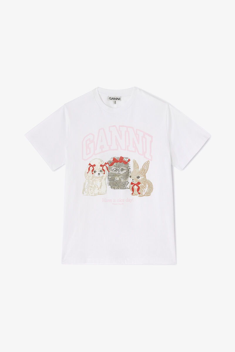 White Animals Print T-shirt, Organic Cotton, in colour Bright White - 1 - GANNI