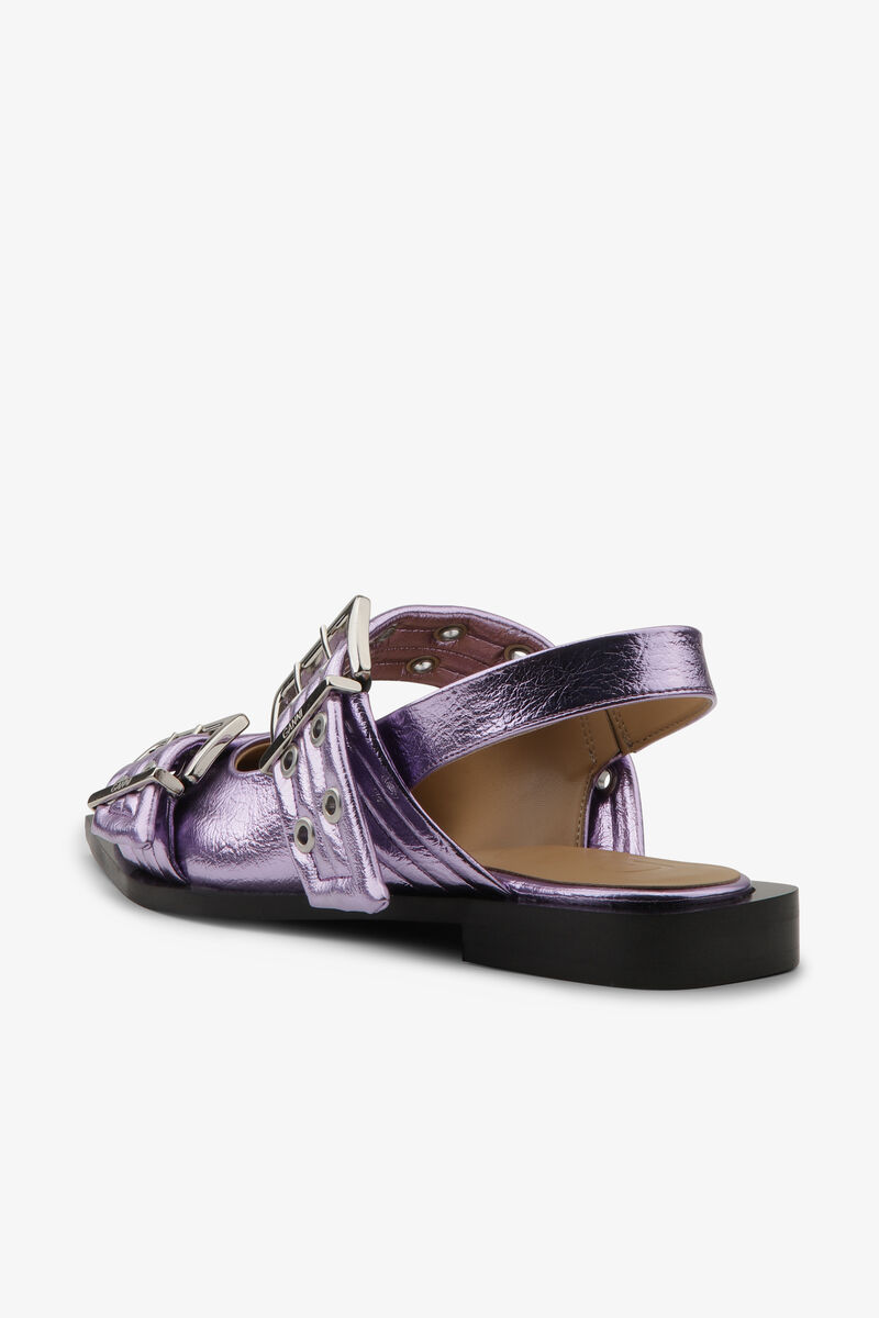 Pink Metallic Feminine Buckle Ballerinas, Recycled Leather, in colour Pink Lavender - 3 - GANNI