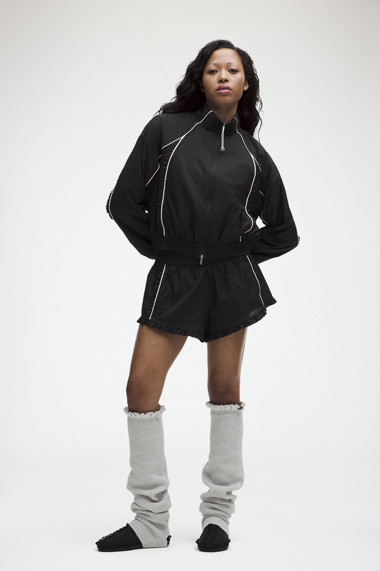 Ruffle-Trim Textured MR Shorts, Recycled Polyamide, in colour Black - 1 - GANNI