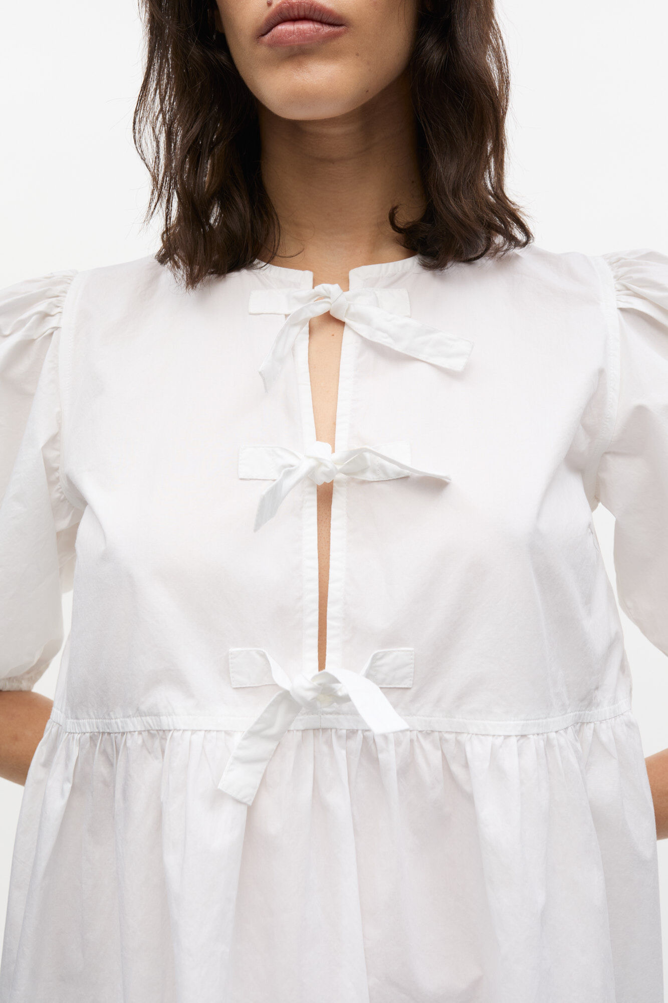 White Cotton Poplin Tie String Mini Dress, Organic Cotton, in colour Bright White - 3 - GANNI