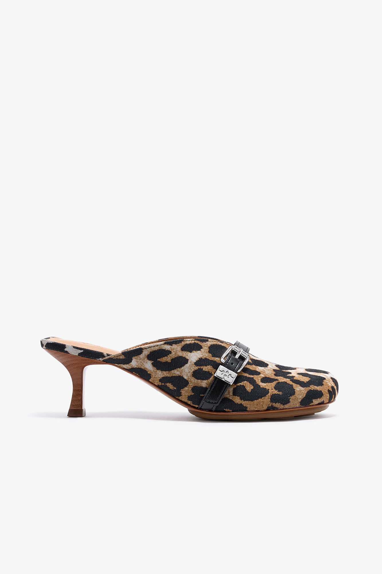 Sue Heeled Mules in Leopard, Recycled Cotton, in colour Almond Milk - 1 - GANNI